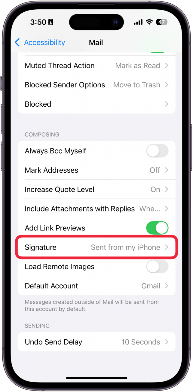 Une capture d'écran des paramètres de messagerie iPhone avec une boîte rouge autour de la signature