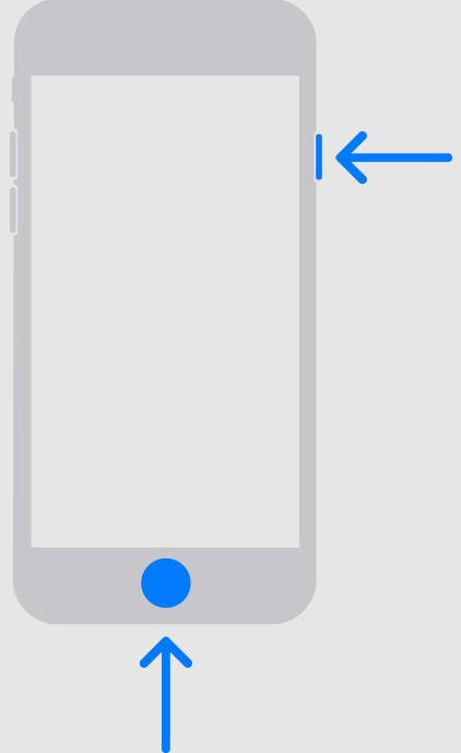 Diagramme iPhone 6 avec des flèches bleues pointant sur le bouton d'accueil et le bouton latéral