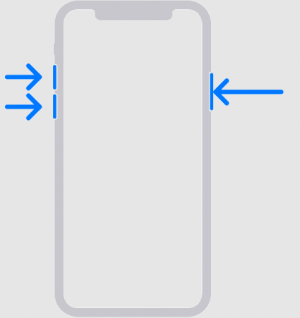 Diagramme de l'iPhone X avec des flèches bleues pointant le volume, le volume vers le bas et les boutons latéraux