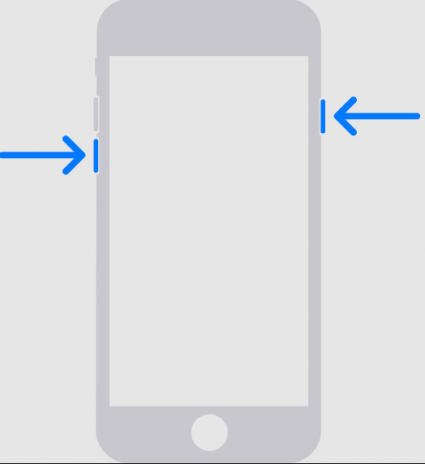 Diagramme de l'iPhone 7 avec des flèches bleues pointant sur le bouton latéral et le bouton Volume Down