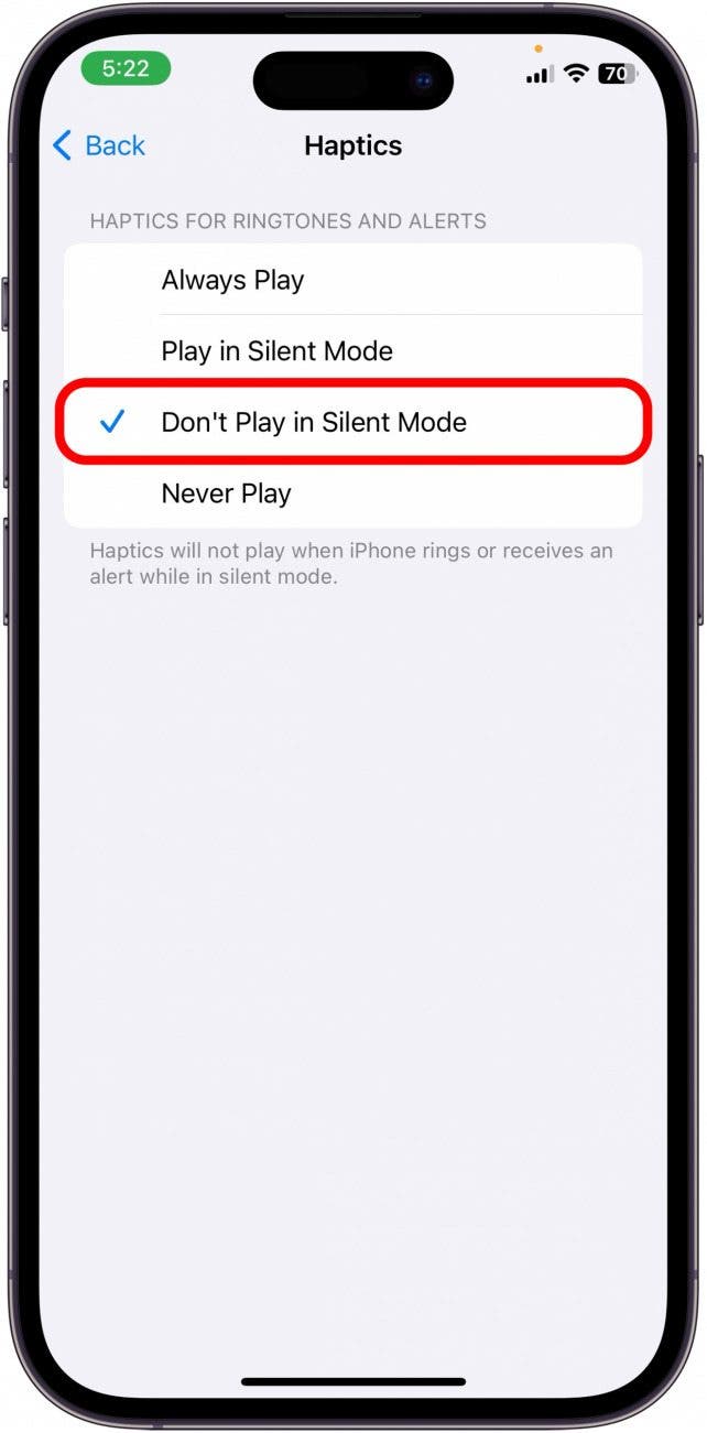Appuyez sur ne pas jouer en mode silencieux pour désactiver les vibrations lorsque l'iPhone est en mode silencieux Appuyez sur ne pas jouer en mode silencieux pour désactiver les vibrations lorsque l'iPhone est en mode silencieux