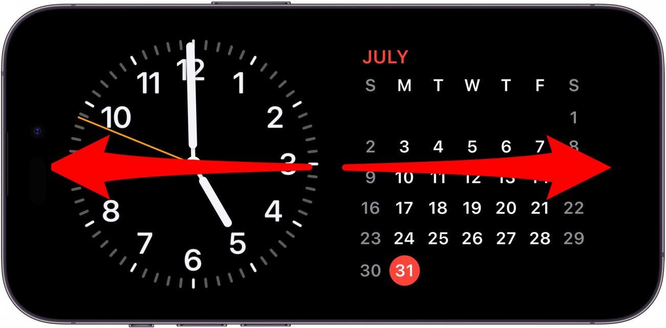 Écran de veille iPhone avec horloge et widgets de calendrier, et flèches rouges pointant la gauche et la droite, indiquant les balayages gauche et droit