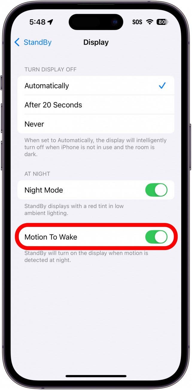 Paramètres d'affichage de secours de l'iPhone avec une boîte rouge autour du mouvement pour réveiller pour basculer
