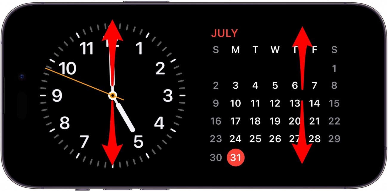 Écran de veille iPhone avec horloge et widgets de calendrier, avec des flèches rouges de haut en bas sur les deux widgets indiquant à glisser vers le haut ou vers le bas sur les widgets