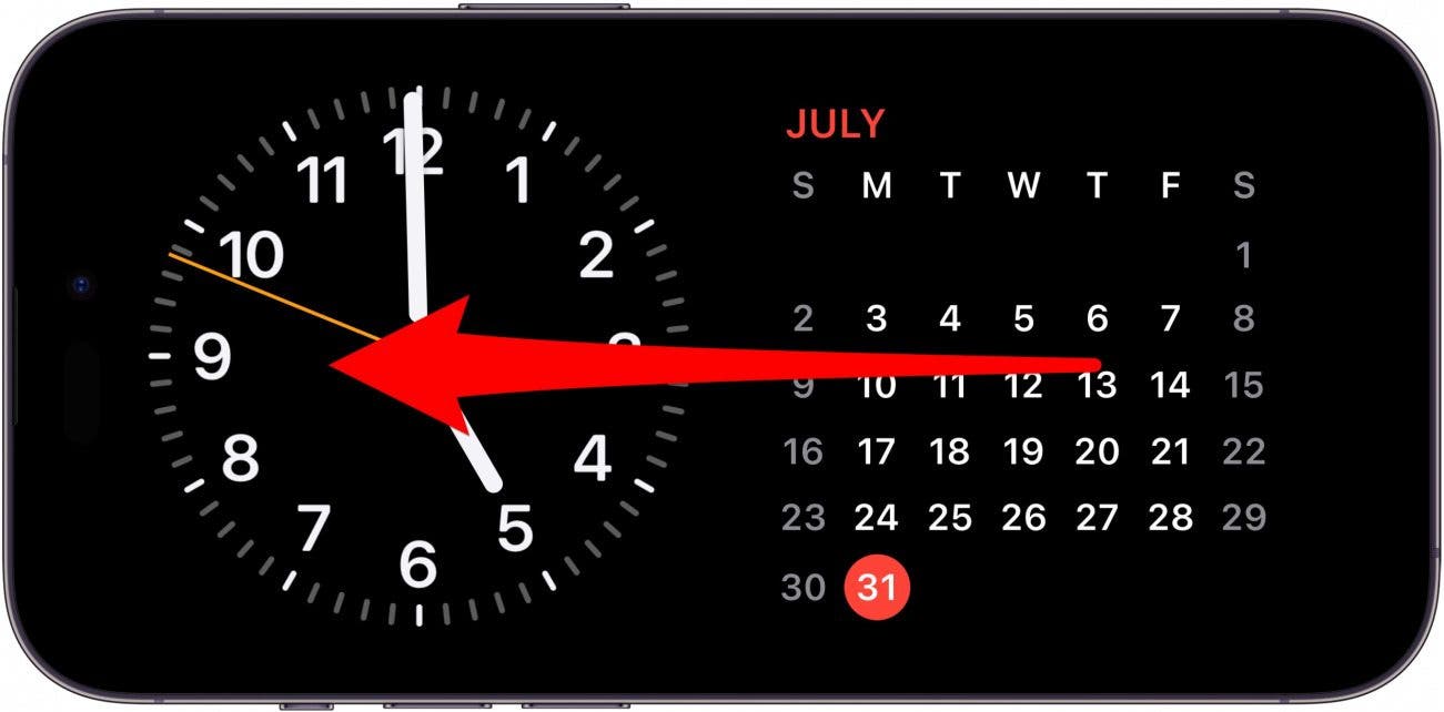 Écran de veille iPhone avec horloge et widgets de calendrier, et une flèche rouge pointant à gauche sur l'écran, indiquant à glisser à gauche sur l'écran
