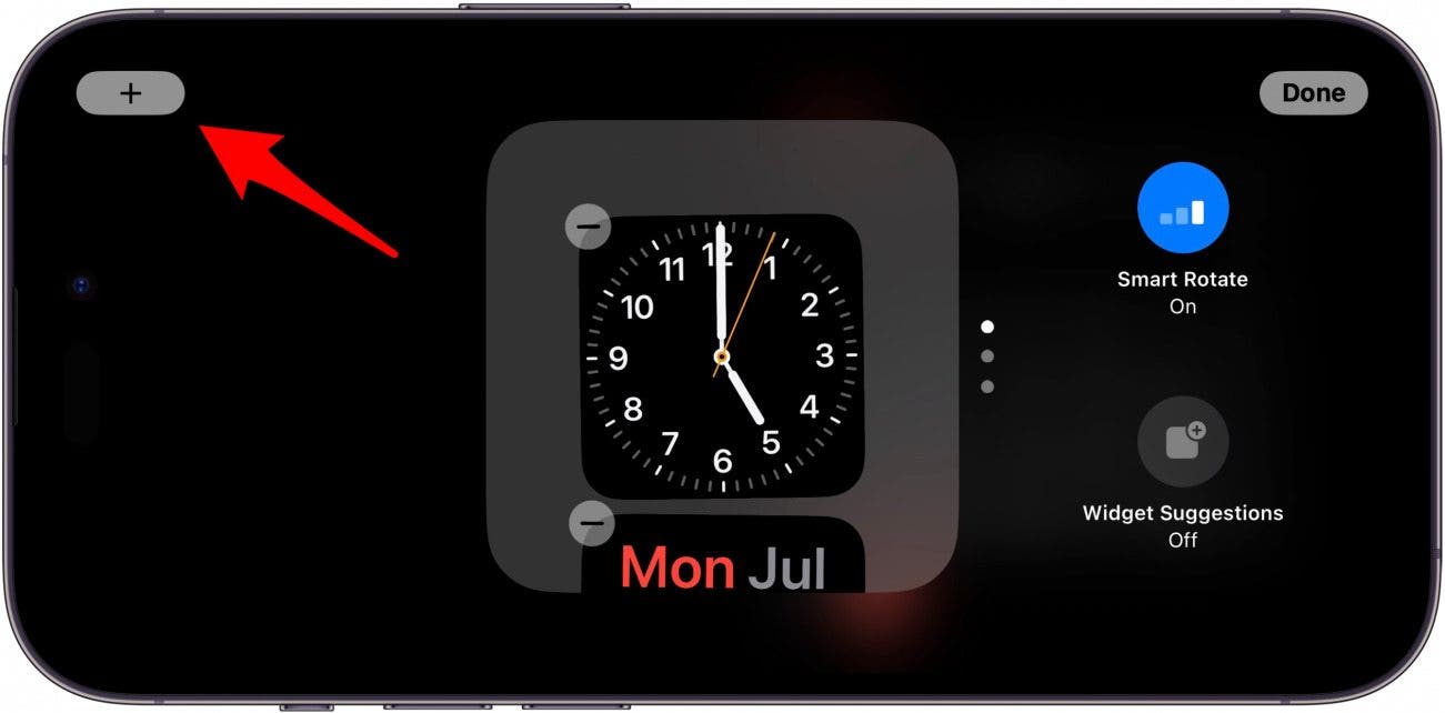 Écran des widgets de secours iPhone avec une flèche rouge pointant vers plus icône