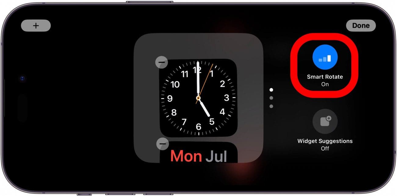 Écran des widgets de secours iPhone avec une option de rotation intelligente encerclé en rouge