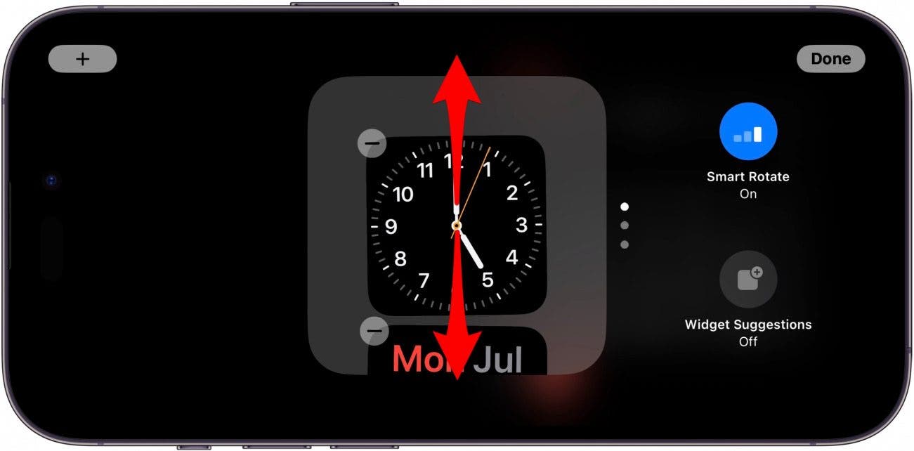 Écran des widgets de secours iPhone avec des flèches rouges pointant de haut en bas sur la pile du widget, indiquant de glisser vers le haut ou vers le bas