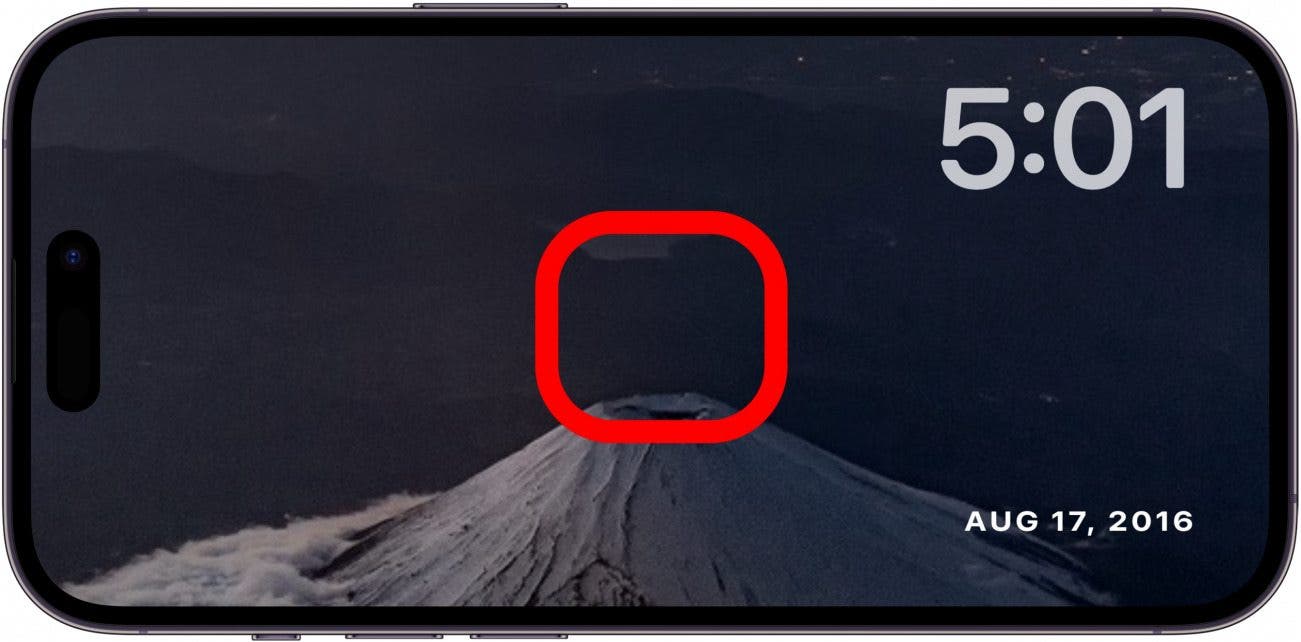 Écran des photos de secours de l'iPhone avec boîte rouge au centre de l'écran, indiquant appuyer et maintenir à l'écran brièvement
