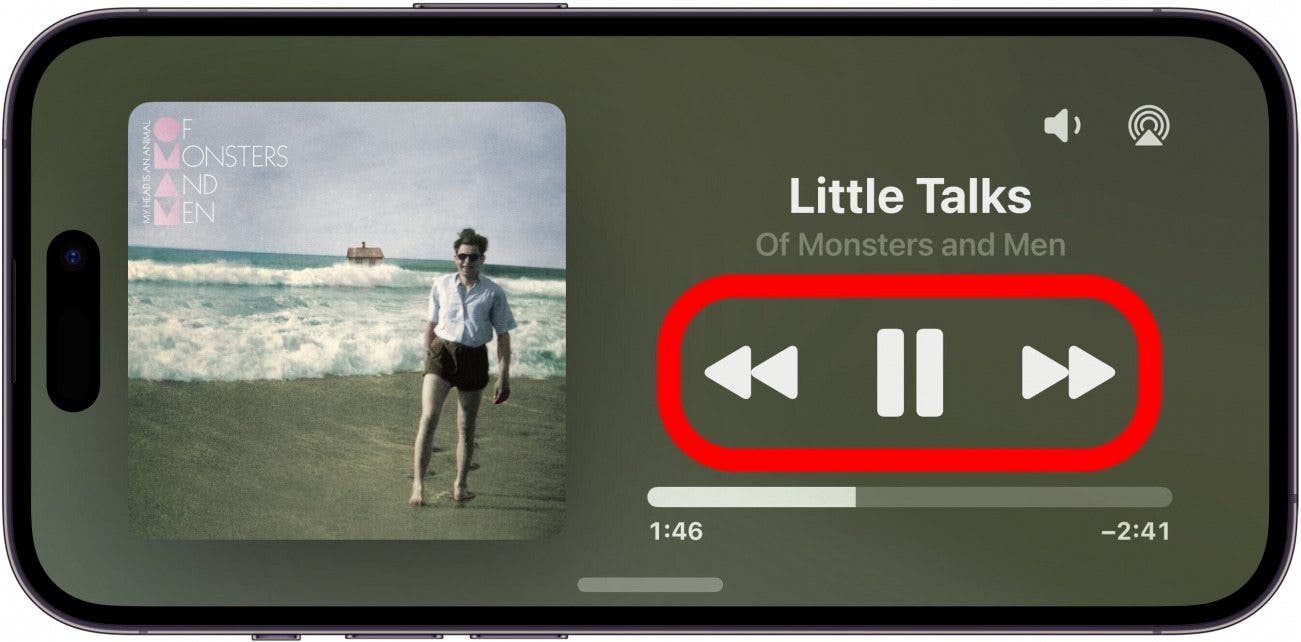 Mode de veille iPhone affichant des commandes musicales avec une boîte rouge autour des boutons de pause et de sauts