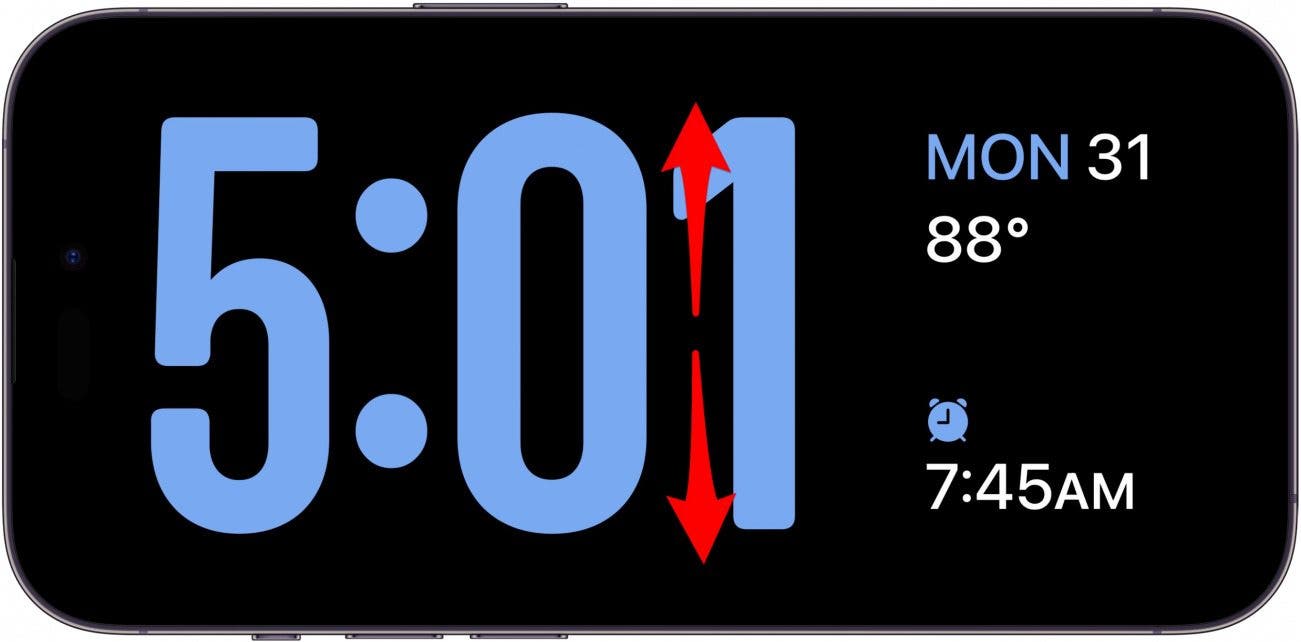 Écran de l'horloge de veille iPhone avec des flèches rouges pointant de haut en bas, indiquant à glisser vers le haut ou vers le bas