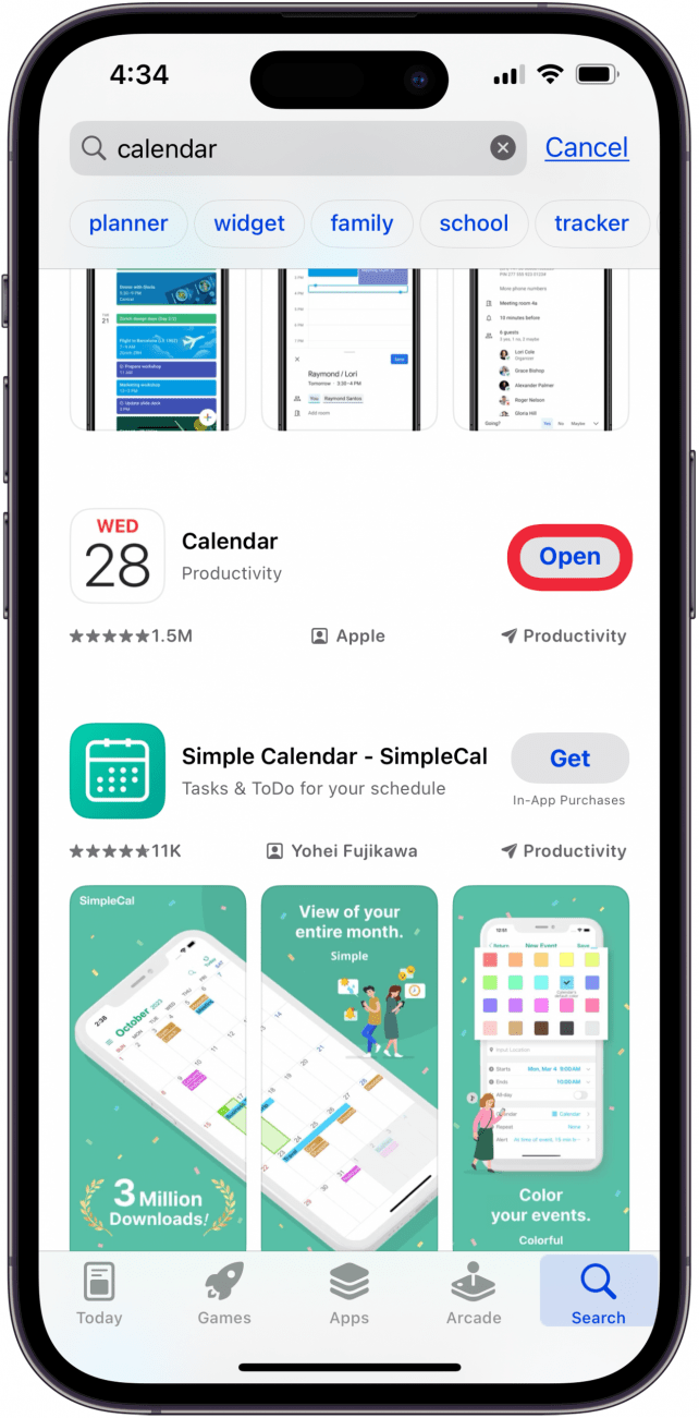Appuyez à nouveau sur ouvrir pour ajouter un calendrier à l'écran d'accueil Appuyez à nouveau sur ouvrir pour ajouter un calendrier à l'écran d'accueil