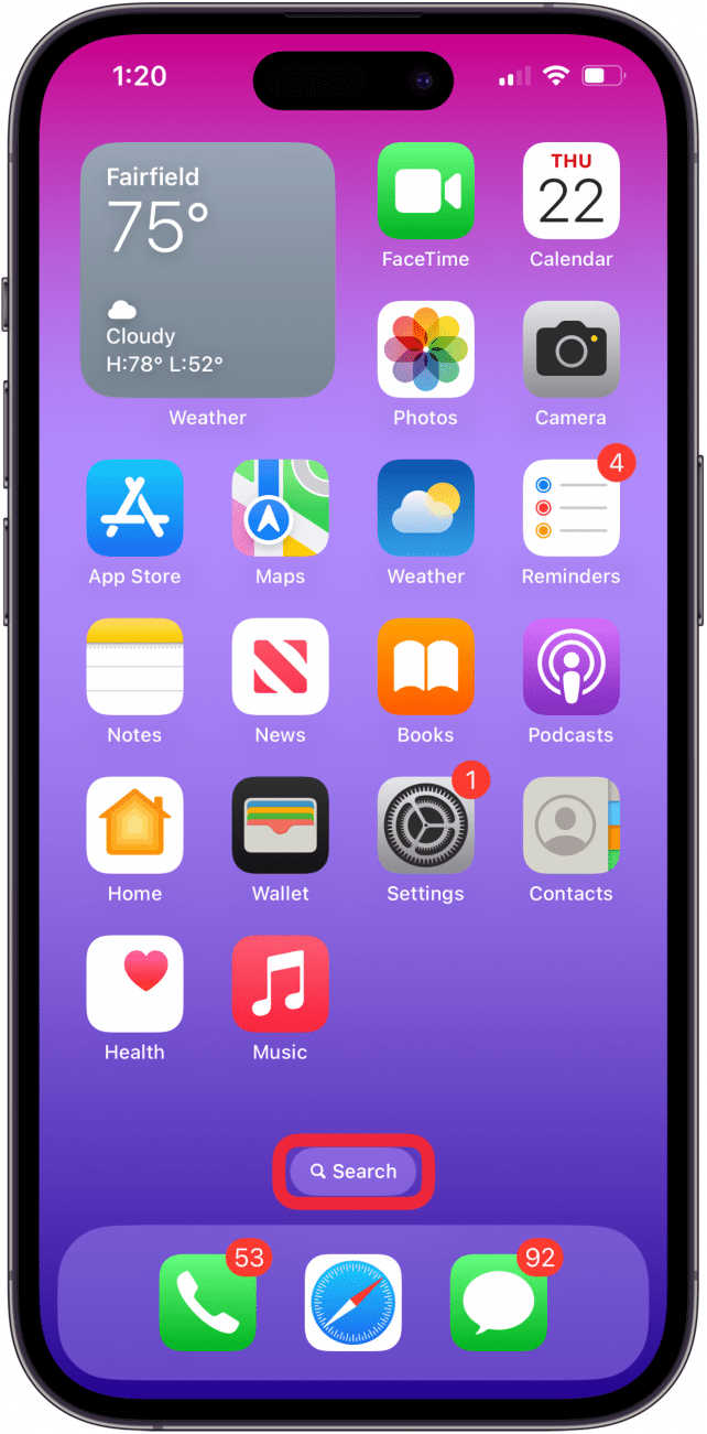 Appuyez sur la recherche sur l'écran d'accueil de l'iPhone Appuyez sur la recherche sur l'écran d'accueil de l'iPhone