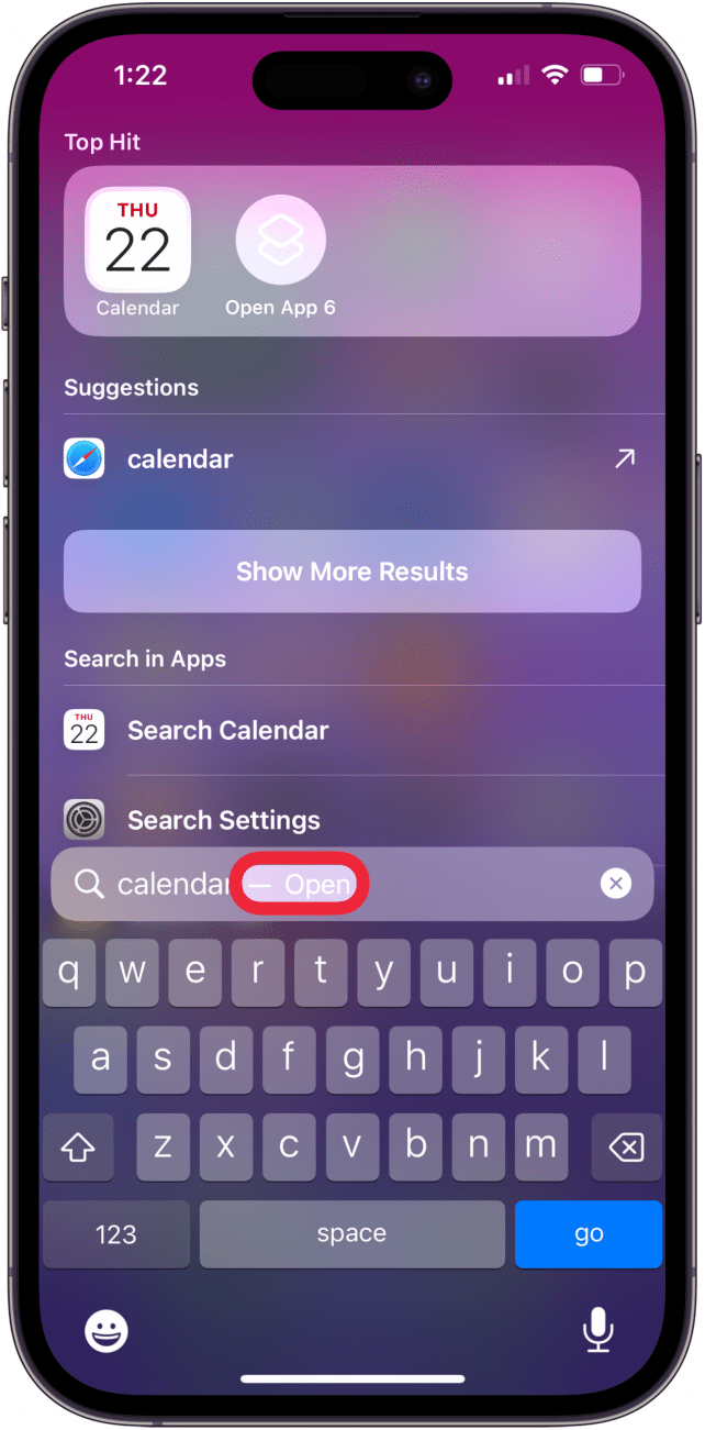 Appuyez sur Open in Search Bar pour ouvrir l'application Calendar Appuyez sur Open in Search Bar pour ouvrir l'application Calendar