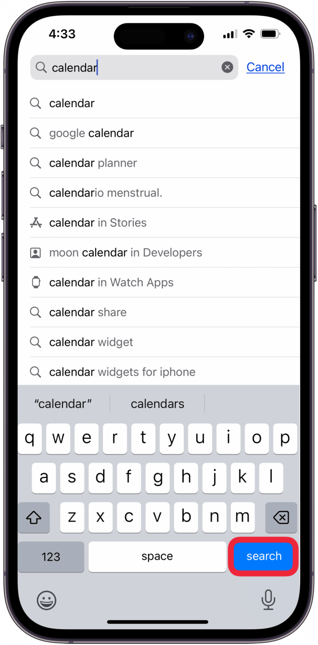 Appuyez sur la recherche pour trouver le calendrier d'iPhone dans l'App Store Appuyez sur la recherche pour trouver le calendrier d'iPhone dans l'App Store