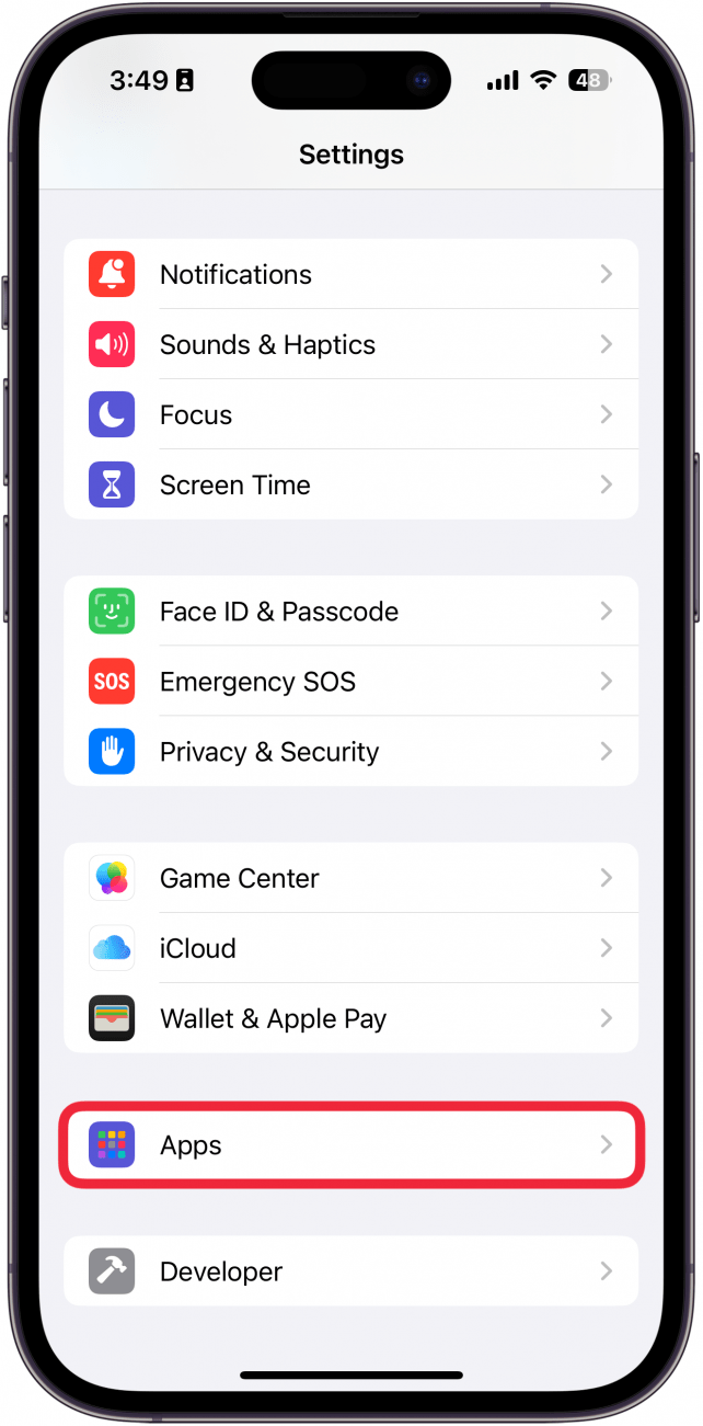 Une capture d'écran de l'application de paramètres iPhone avec une boîte rouge autour des applications