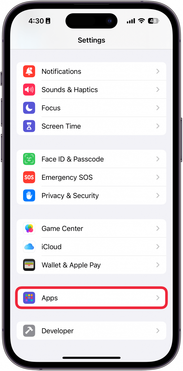 Application Paramètres iPhone avec une boîte rouge autour des applications