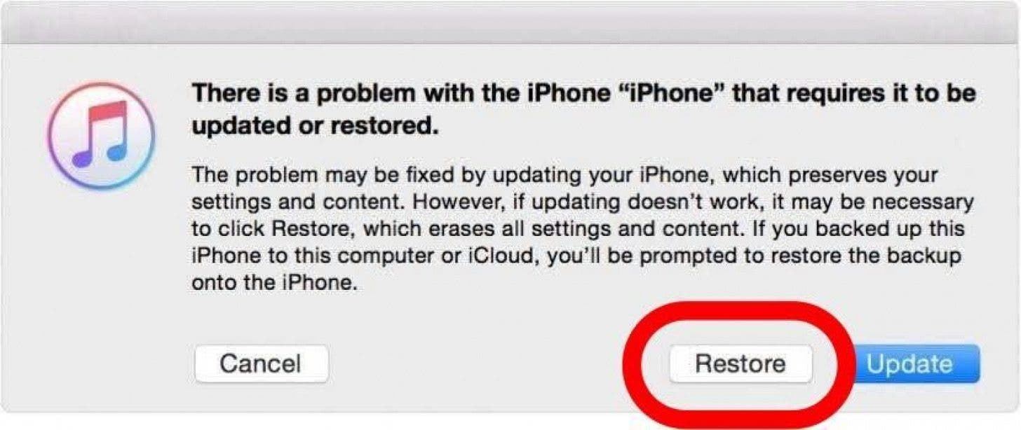 Capture d'écran iTunes / Finder demandant si l'utilisateur souhaite restaurer cet appareil avec une boîte rouge autour du bouton de restauration
