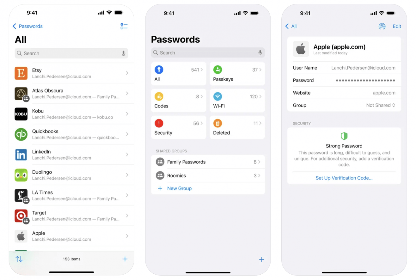 Captures d'écran de l'application de mots de passe iPhone dans iOS 18