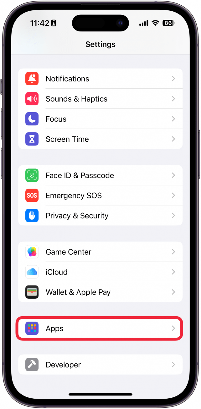 Paramètres de l'iPhone avec option d'applications encerclé en rouge