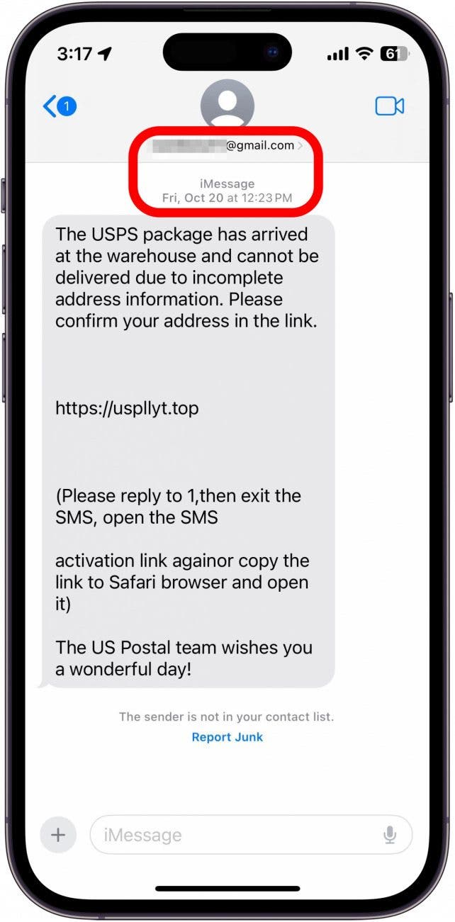 Message texte iPhone avec expéditeur et identifiant iMessage encerclé en rouge