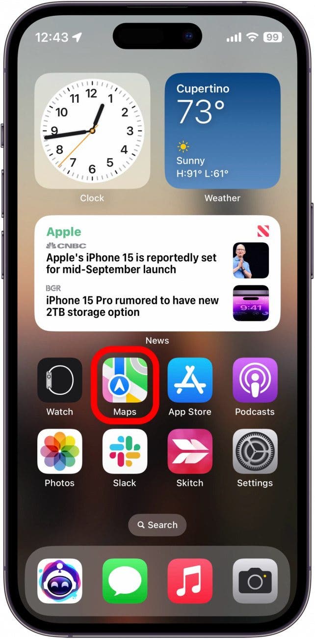 Écran d'accueil de l'iPhone avec application de cartes en rouge