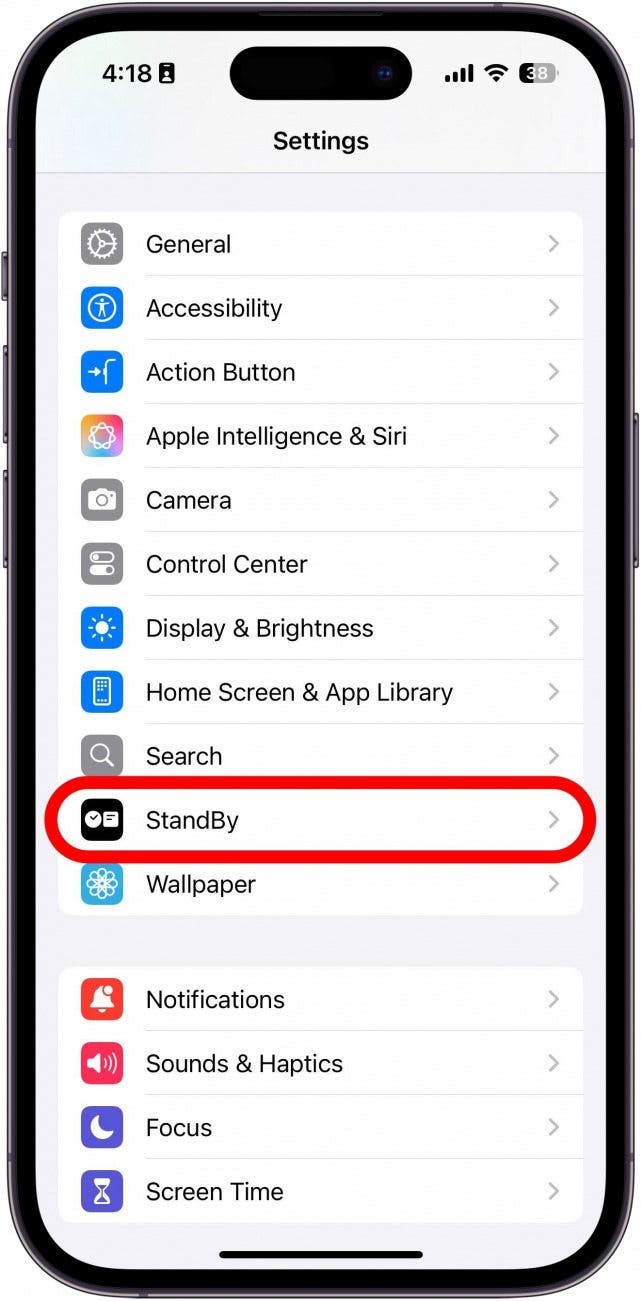 Paramètres iPhone avec paramètre de veille encerclé en rouge