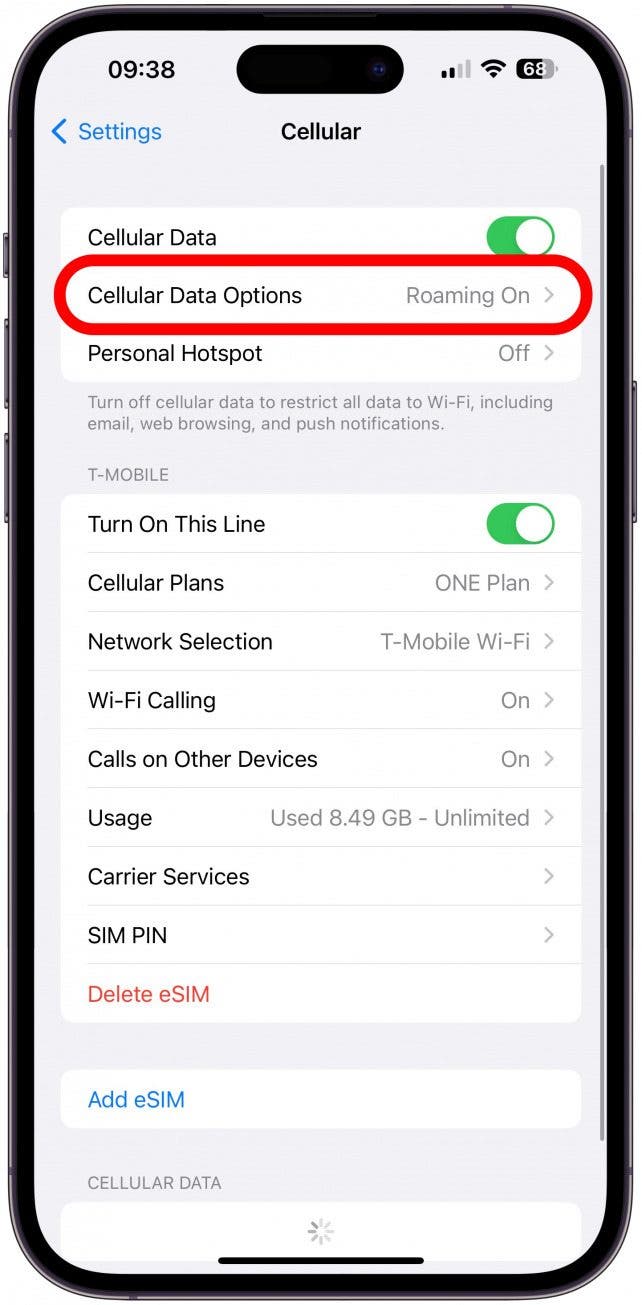 Sélectionnez l'option de données cellulaires.