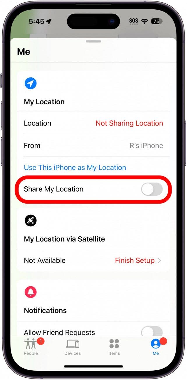 iPhone Trouver mon application avec l'emplacement de partage handicapé, basculer en rouge en rouge