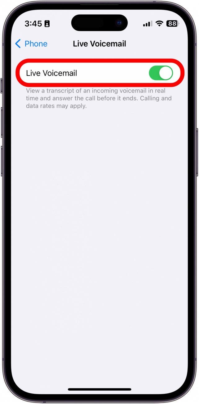 Paramètres de l'iPhone avec cercle rouge autour de la messagerie vocale en direct