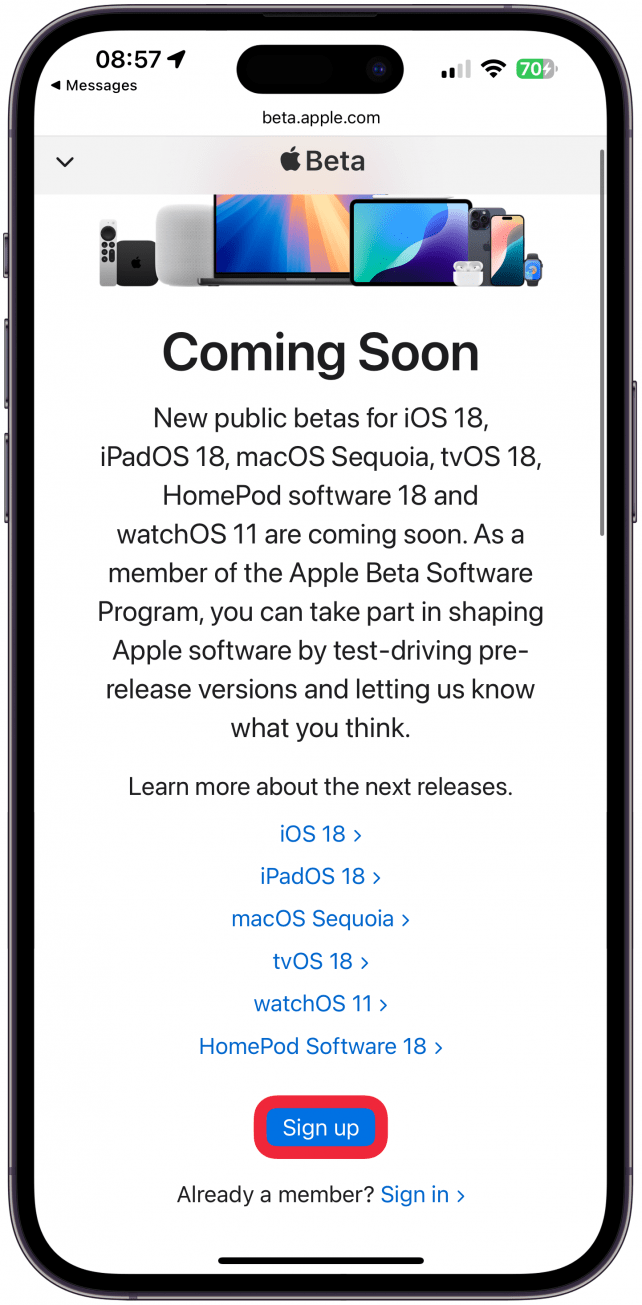 Visitez la page du programme Apple Beta et appuyez sur Inscrivez-vous