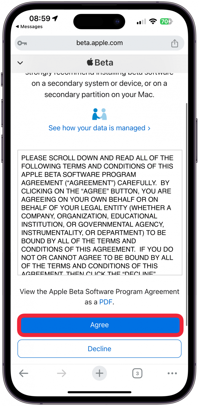 TAP accepte d'accepter l'accord bêta iOS.