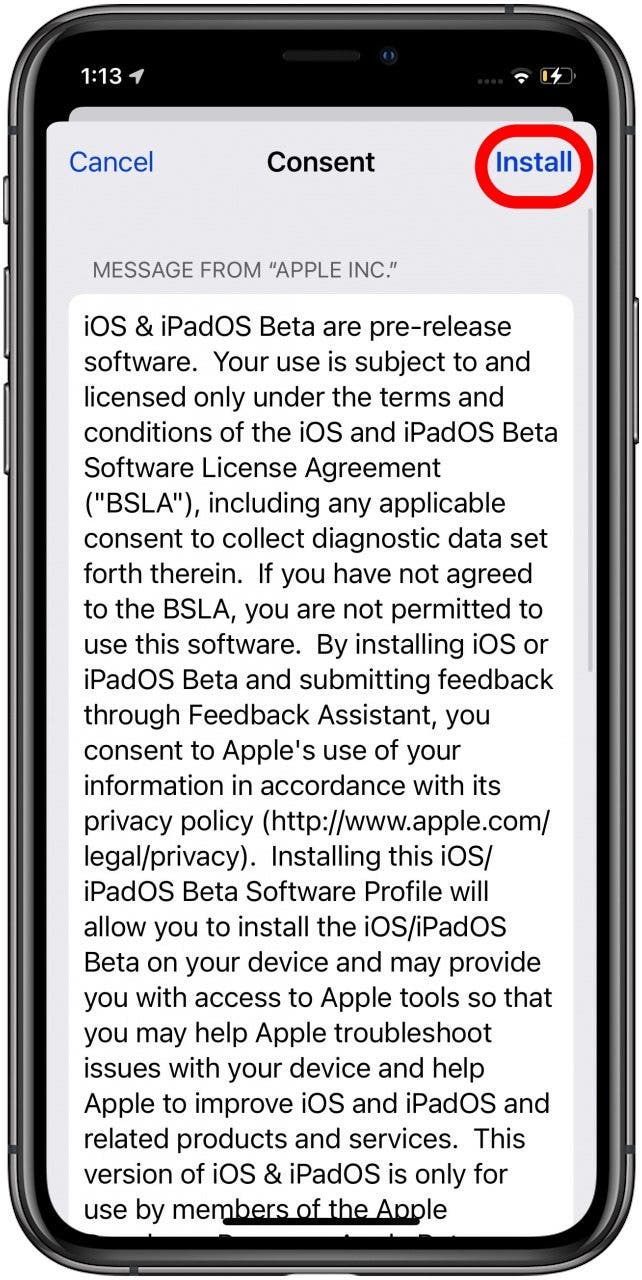 Appuyez à nouveau pour installer pour installer iOS 16 publique bêta