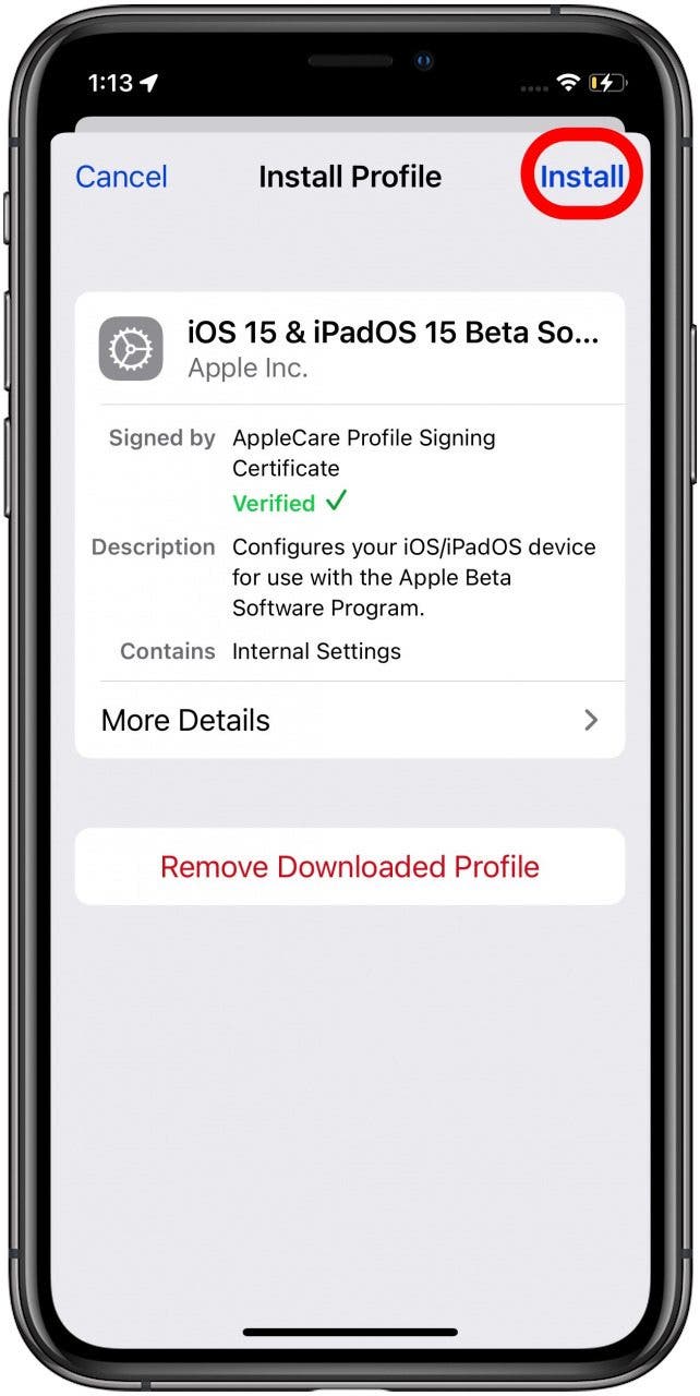 Appuyez sur Installer pour installer Apple Beta 16