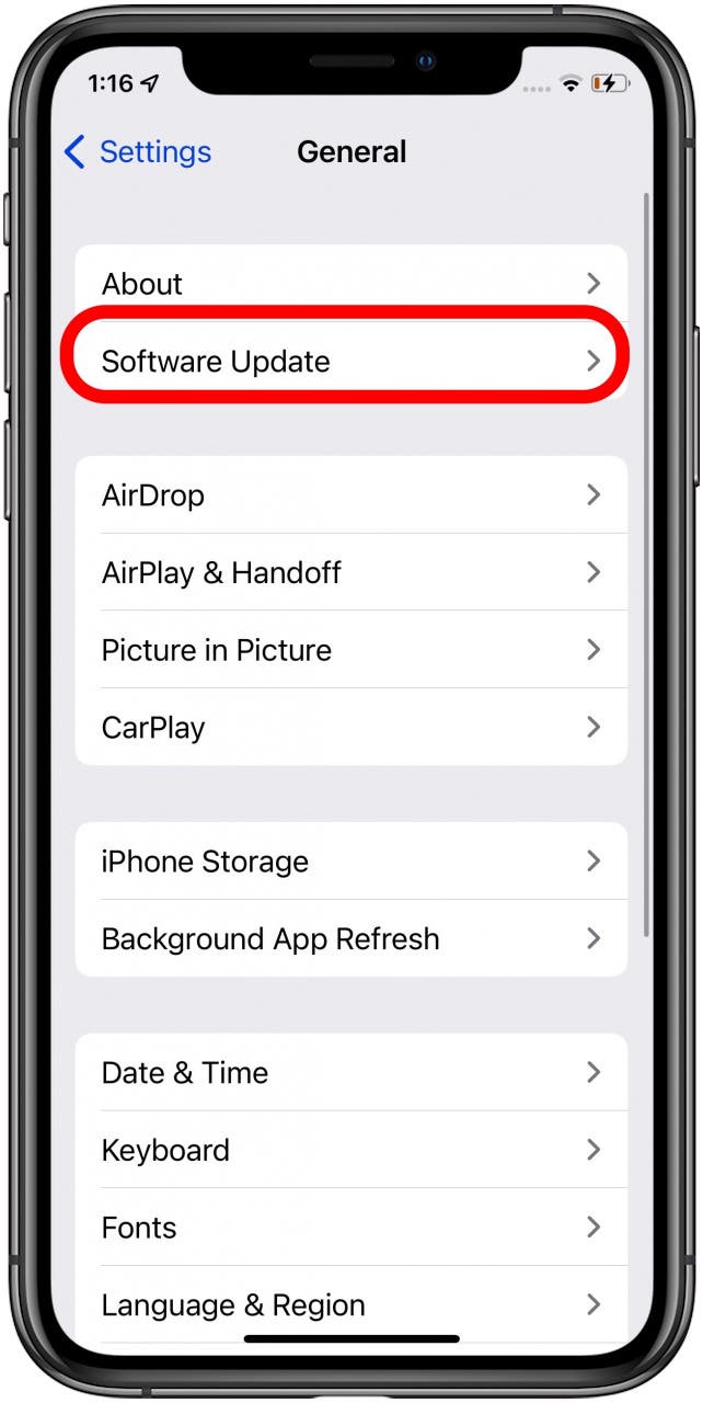 Appuyez sur General puis mise à jour du logiciel