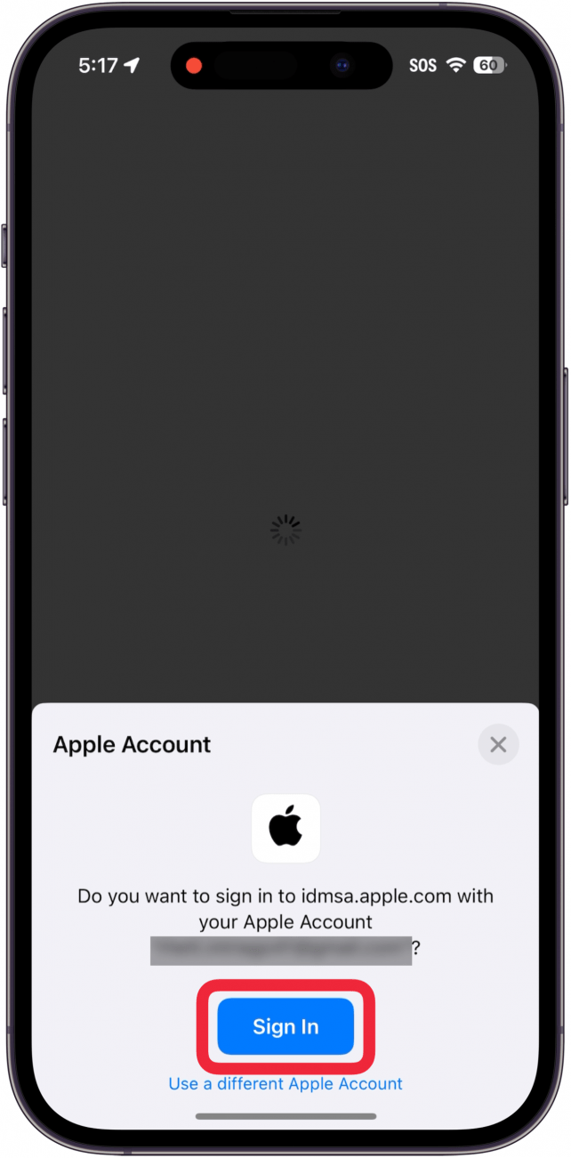 iPhone Safari Affichage d'une connexion avec Apple Pop Up avec une boîte rouge autour du bouton de connexion