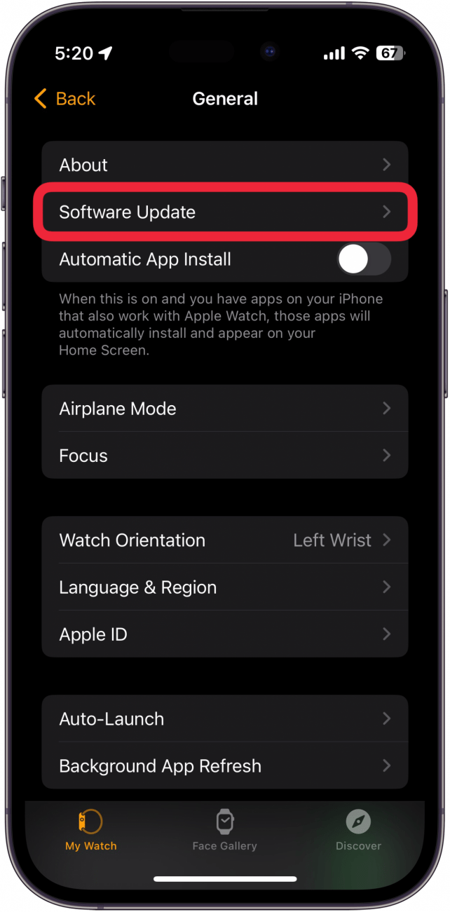 Paramètres généraux de l'application iPhone Watch avec une boîte rouge autour de la mise à jour du logiciel
