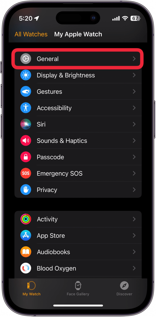Application iPhone Watch avec une boîte rouge autour du général