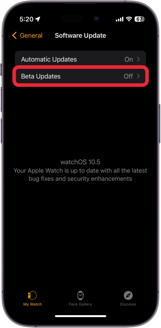 Écran de mise à jour du logiciel de l'application IPhone Watch avec une boîte rouge autour du logiciel bêta