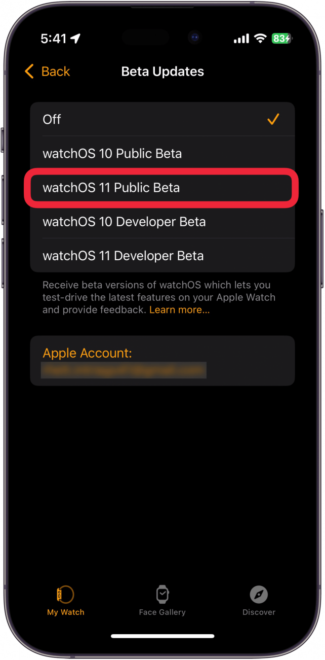 Écran de logiciel Beta Watch iPhone avec une boîte rouge autour de Watchos 11 publique bêta