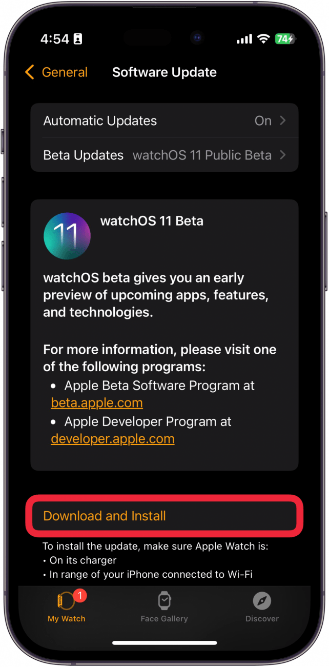 Écran de mise à jour du logiciel de l'application IPhone Watch avec une boîte rouge autour du bouton de téléchargement et d'installation