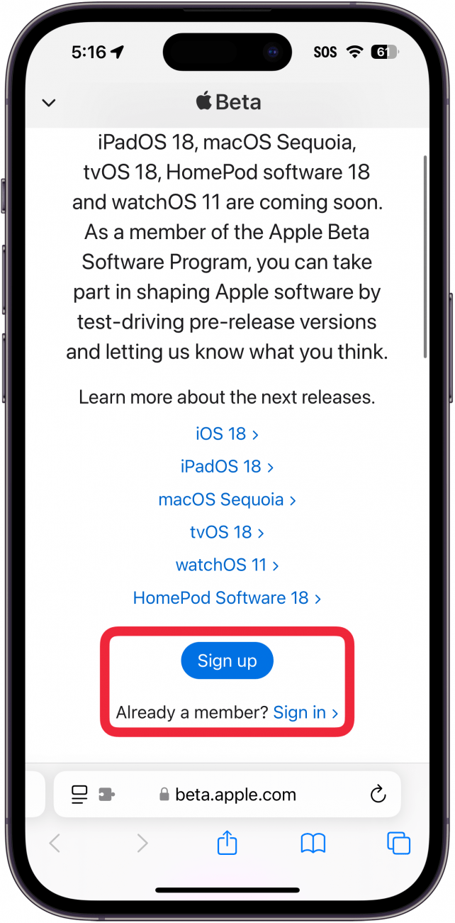 iPhone Safari affichant la page Web pour le programme Apple Beta