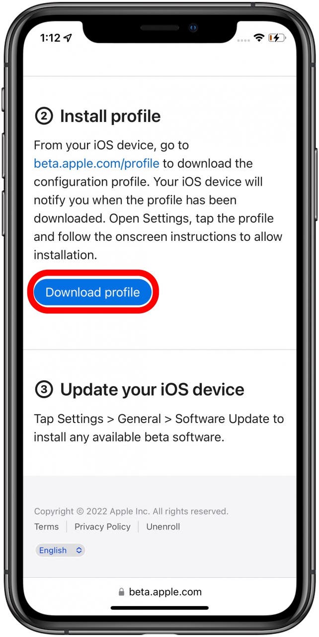 Appuyez sur le profil de téléchargement du profil pour télécharger le logiciel Apple Beta