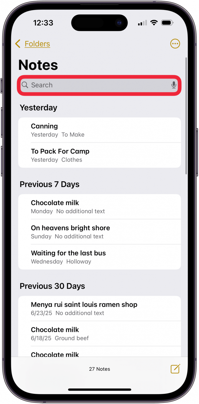 Appuyez sur la barre de recherche et entrez le terme de recherche pour faire des notes iPhone Recherche Appuyez sur la barre de recherche et entrez le terme de recherche pour faire des notes iPhone Recherche