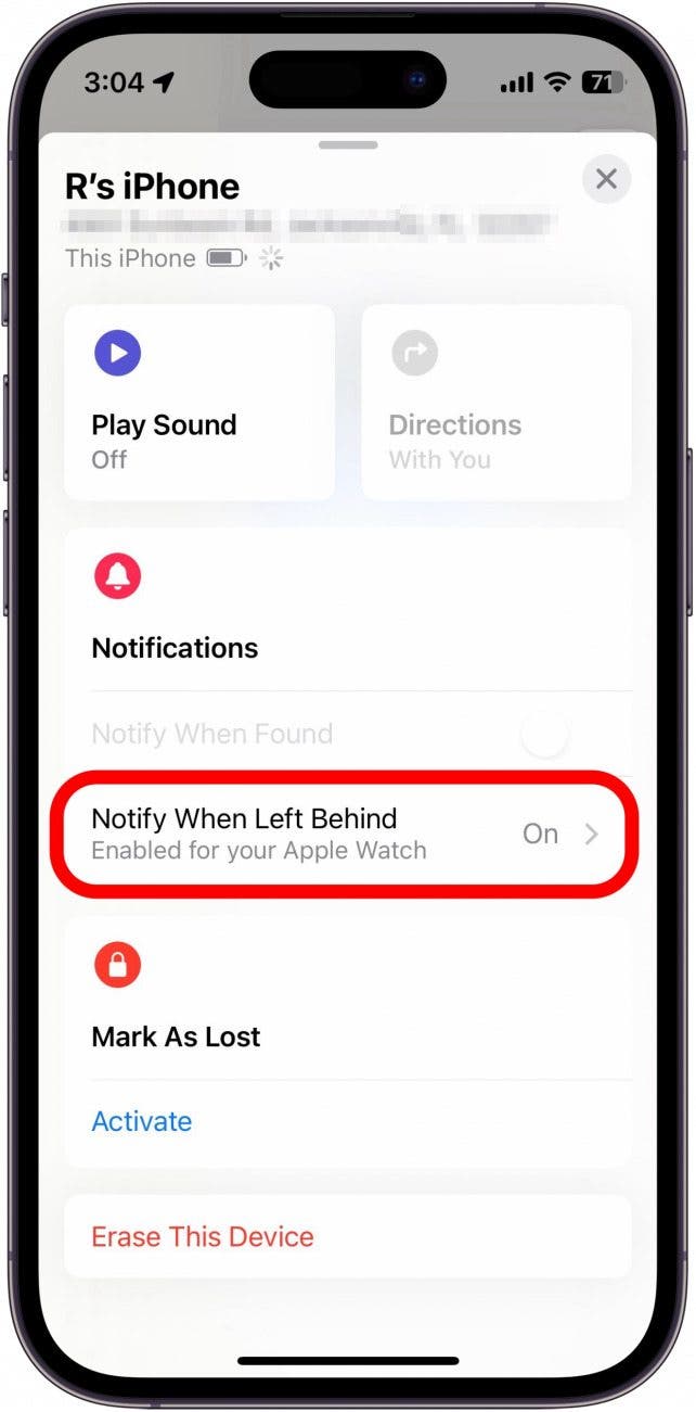 Trouvez l'écran d'informations de mon appareil avec notifier lorsqu'il est laissé en entoure en rouge