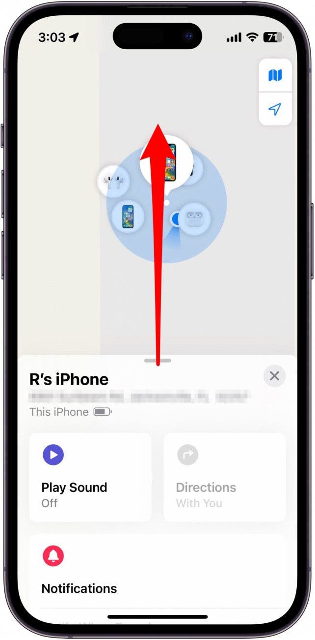 Trouvez l'écran d'information de mon appareil avec un point de flèche rouge vers le haut, indiquant à glisser vers le haut