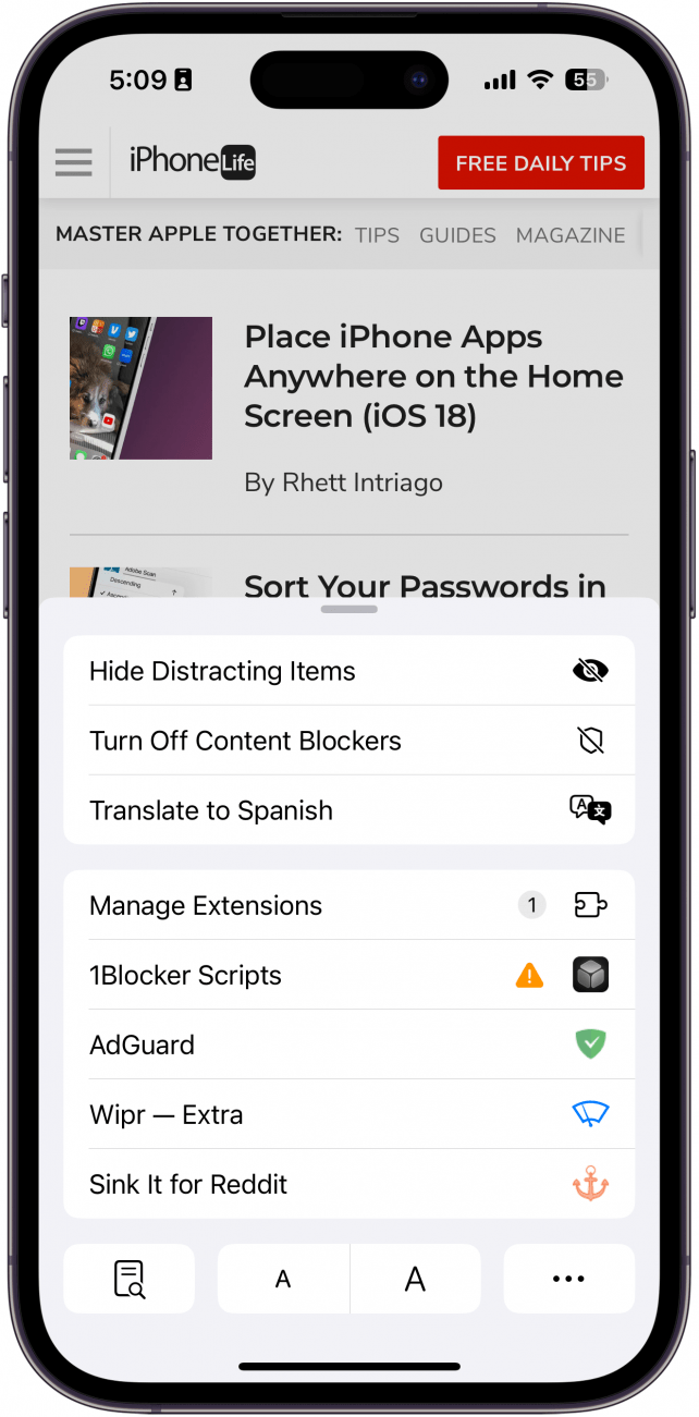 iPhone Safari avec des paramètres supplémentaires affichés avec le bouton du lecteur d'émission n'apparaissant pas