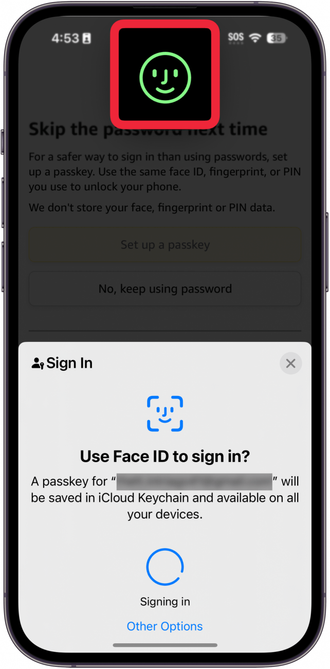 iPhone Passkey configure fenêtre pop-up avec fenêtre ID de visage encerclé en rouge