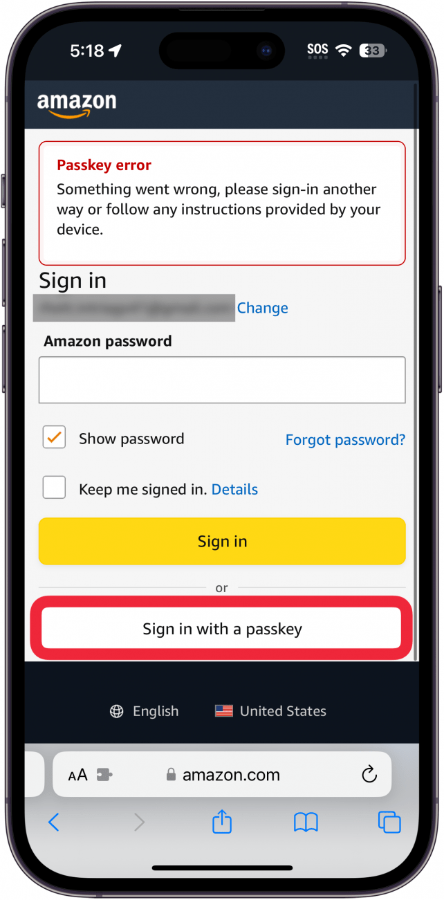 Amazon Connexion en page ouverte en safari avec une connexion avec un bouton de clé passante encerclé en rouge