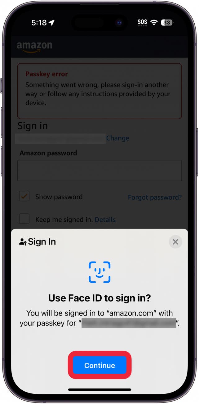 IPhone Passkey Signe In Pop Up avec le bouton continu en entourage en rouge